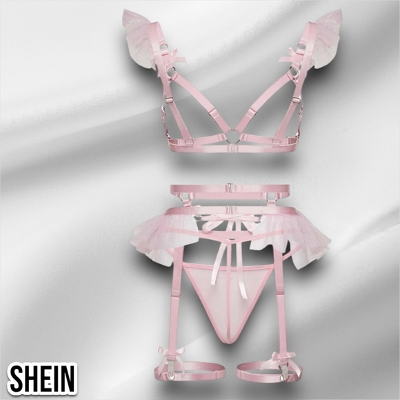 SHEIN Ruffle Trim Ring Linked Garter Lingerie Set Baby Pink - Picture 2 of 7